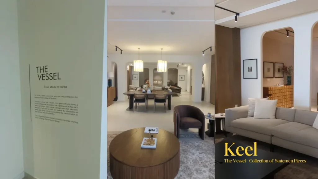 Modern and minimalist furniture display featuring dining and living room setups by Keel - the vessel, highlighting sustainable and statement designs in Pakistan.