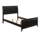 wooden bed with upholstered headboard showing wooden slats