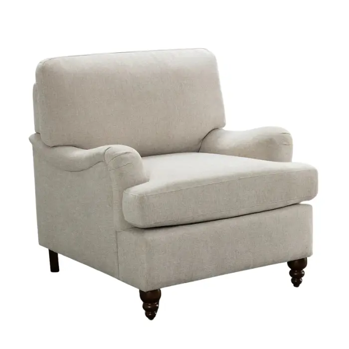 Motif Armchair featuring classic rolled arms, durable polyester upholstery, and walnut-finished turned legs. Ideal for luxury living spaces in Pakistan and UAE.