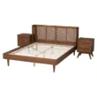 Nordic Bedroom Set - Modern Wooden Bed with Rattan Headboard & Side Tables