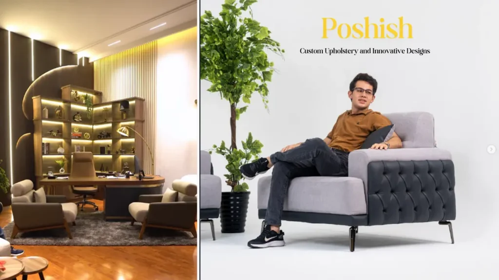 Modern office setup with custom-designed furniture and a stylish armchair by Poshish, showcasing innovative upholstery and design solutions in Pakistan.