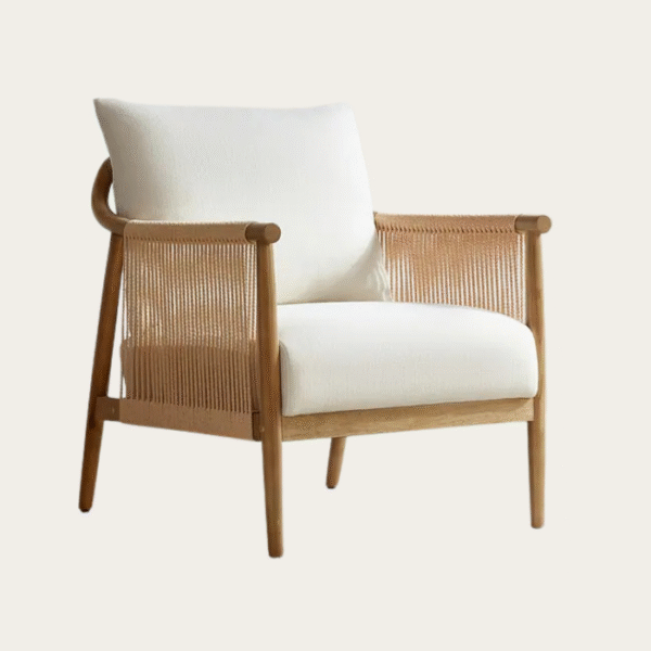 Tenor Accent Chair with paper cord armrests and plush cushion, showcasing luxury boho chic design, perfect for modern homes in Pakistan and the UAE.