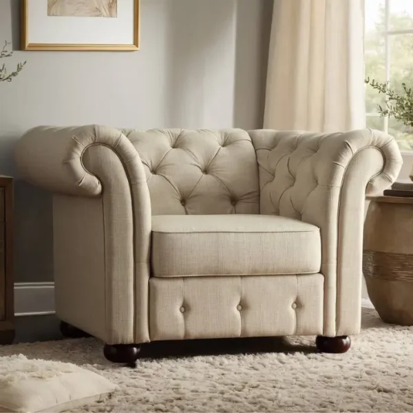 Eton Chesterfield Chair with button tufting, rolled arms, and espresso-finished bun feet for luxurious interiors in Pakistan and UAE.