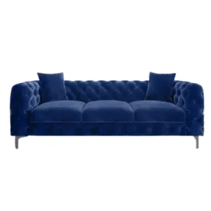 Front view of Gorten Velvet Sofa Blue Color, Velvet Fabric with background