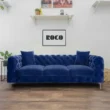 Front view of Gorten Velvet Sofa Blue Color, Velvet Fabric with background