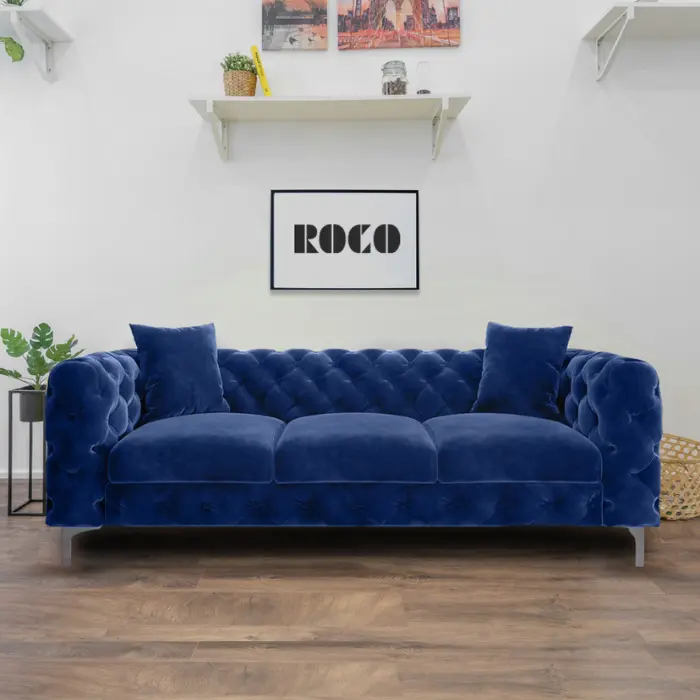 Front view of Gorten Velvet Sofa Blue Color, Velvet Fabric with background