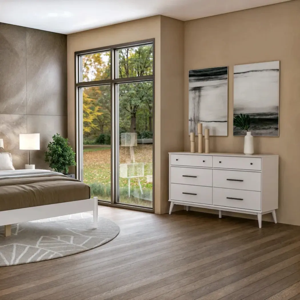 white dresser in a modern living room