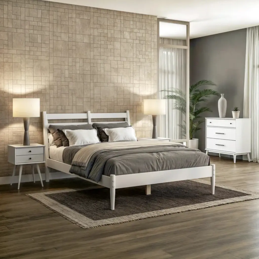 luna bed in white in a modrn living room