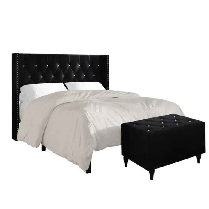Obsidian Velvet Bed Bench Set in white background.