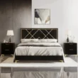 front view of black upholstered bed in a modern living room