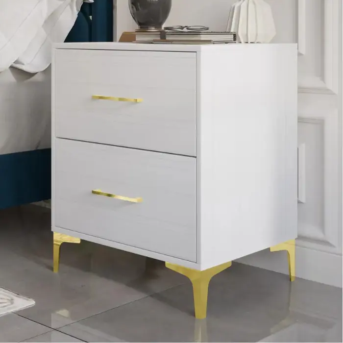 angled view of side table in white .