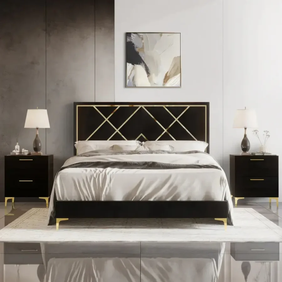 front view of black upholstered bed in a modern living room