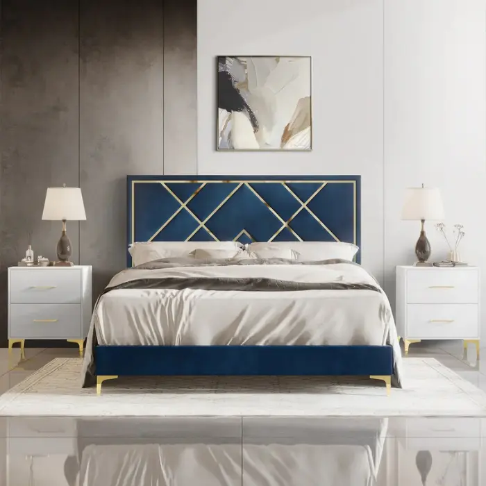 Regalia Luxe Bedroom Set - front view of upholstered bed in a modern living room