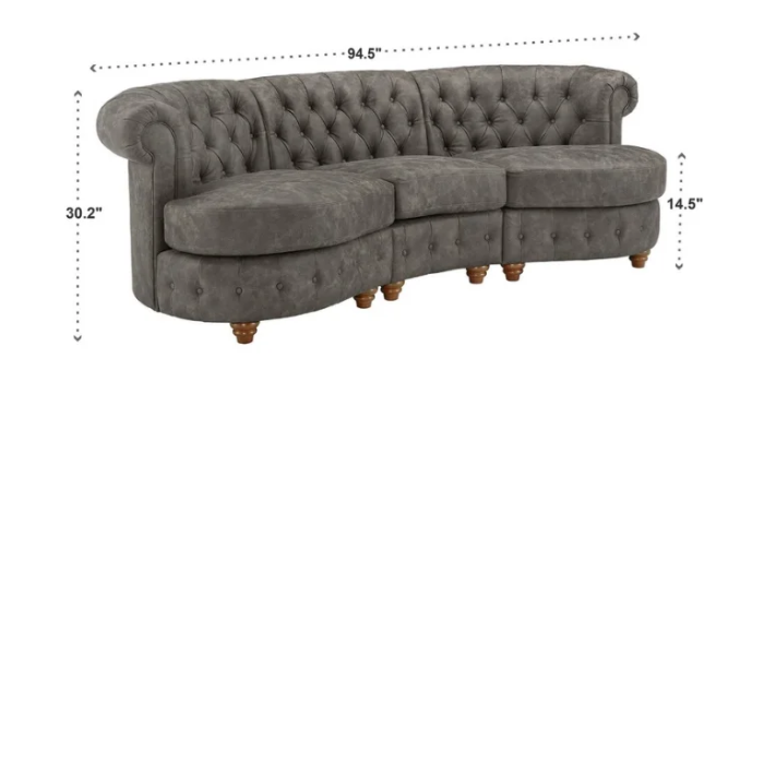 "Tufted sectional sofa with curved design, featuring wooden legs, measuring 94.5 inches in width, 30.2 inches in height, and 14.5 inches in depth.