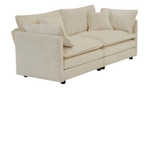 Beige sofa with multiple cushions, featuring a modern and clean design, supported by black legs.