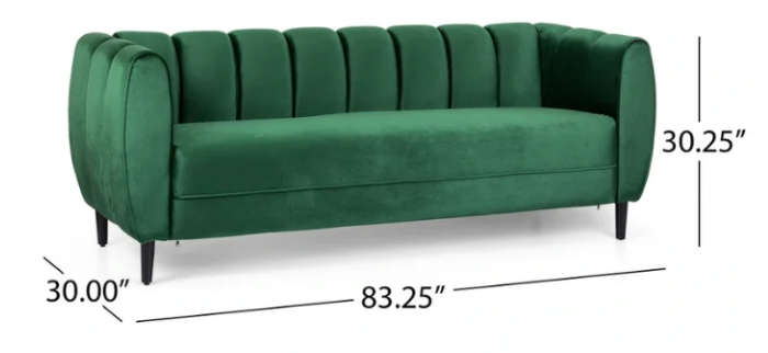 A stylish velvet sofa with a modern design featuring tufted sides and black legs.