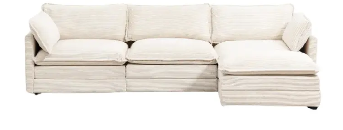 A comfortable beige striped sectional sofa with soft cushions and a chaise lounge on one side. Perfect for lounging and relaxing in modern living spaces.