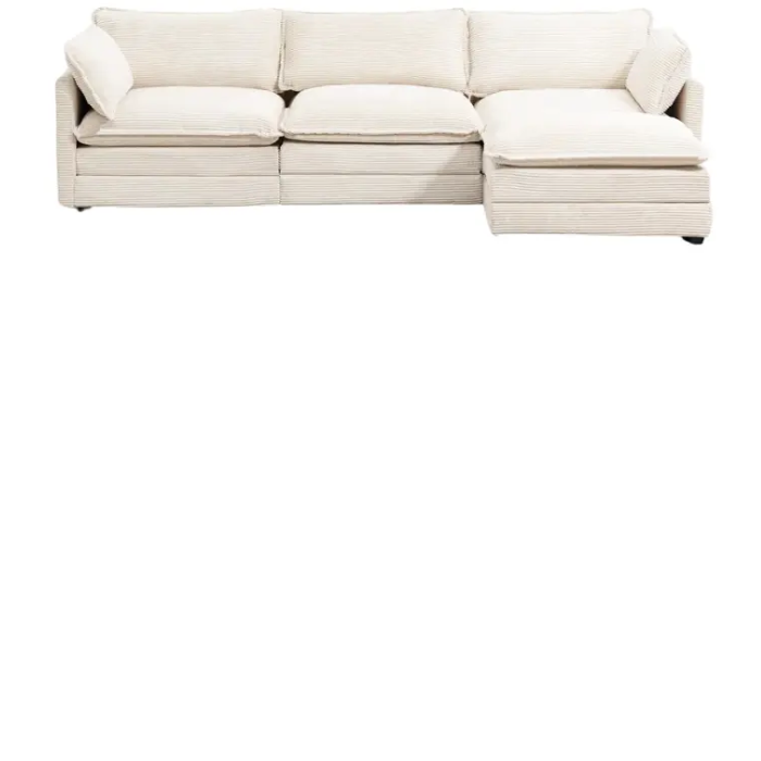 A comfortable beige striped sectional sofa with soft cushions and a chaise lounge on one side. Perfect for lounging and relaxing in modern living spaces.