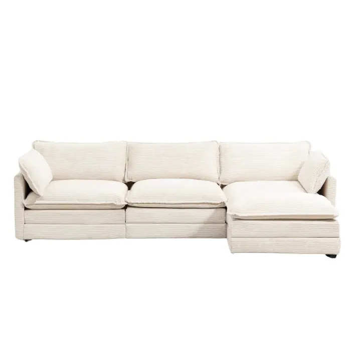 Elegant Tranquil Sectional Sofa with premium fabric upholstery, modular design, and ample seating, perfect for modern living rooms in Pakistan and UAE. in beige corduroy fabric, featuring a modular design