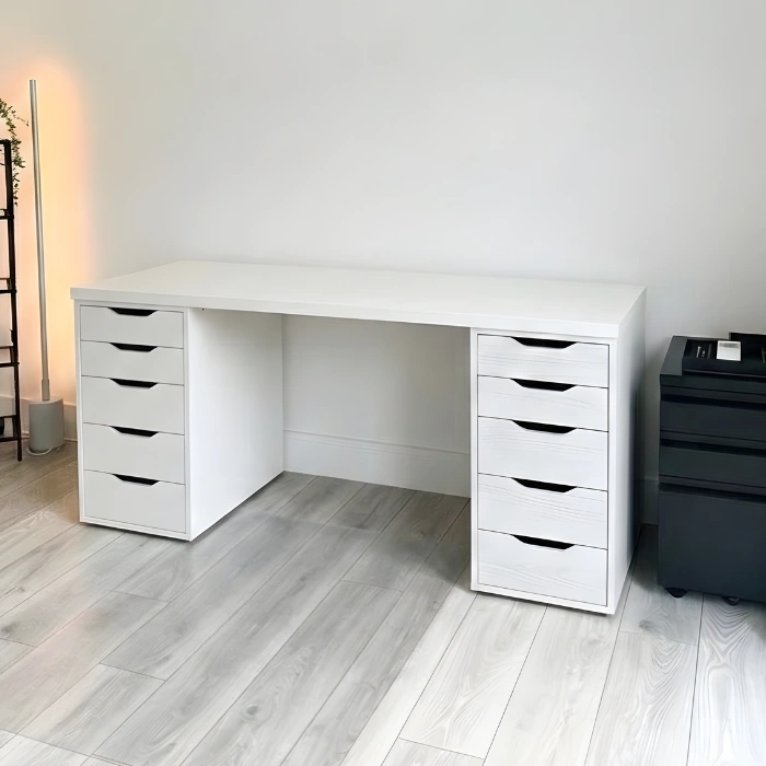 angled view of white alex desk