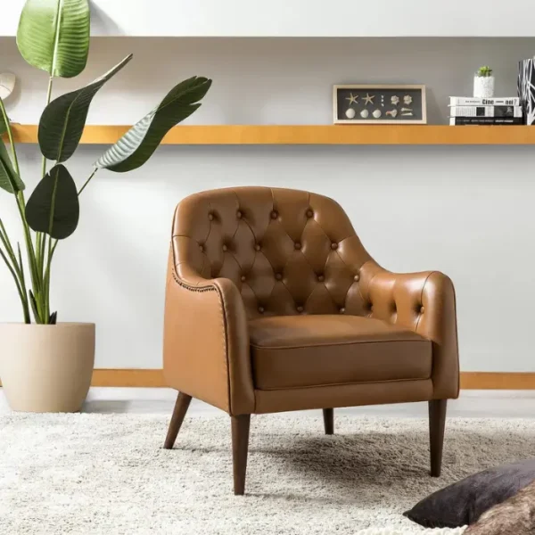 Stylish brown leather armchair with tufted design, perfect for modern home decor.