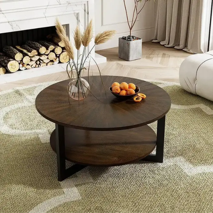 Eclipse Coffee Table with natural wood umbrella-pattern tabletop, black metal frame, and a built-in storage shelf, perfect for rustic-modern living spaces.