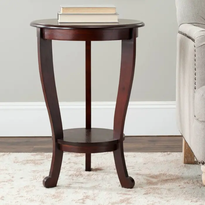 Elegant Eterna Side Table in dark cherry finish, crafted from pine wood, featuring a round top and lower shelf. Perfect for modern homes in Pakistan and UAE.