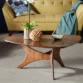 Orion Table with mid-century modern design featuring a triangular wood veneer tabletop, crossed geometric base, and solid plywood legs in Pakistan.