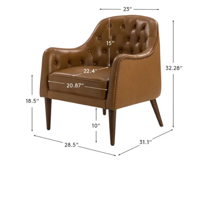 Brown leather armchair with tufted backrest and wooden legs