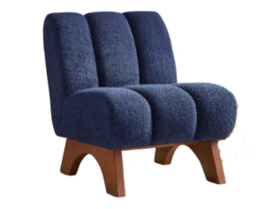 Cozy upholstered chair with a plush, curved back and wooden legs, offering comfort and style in any room.