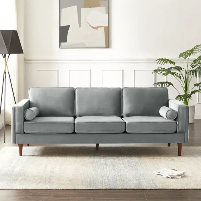 Gray velvet Monarc Sofa with wooden legs