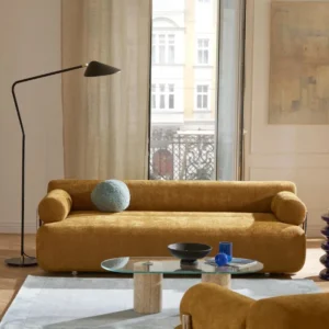 Horizon Sofa - Modern ochre fabric sofa with rounded arms and minimalist design.