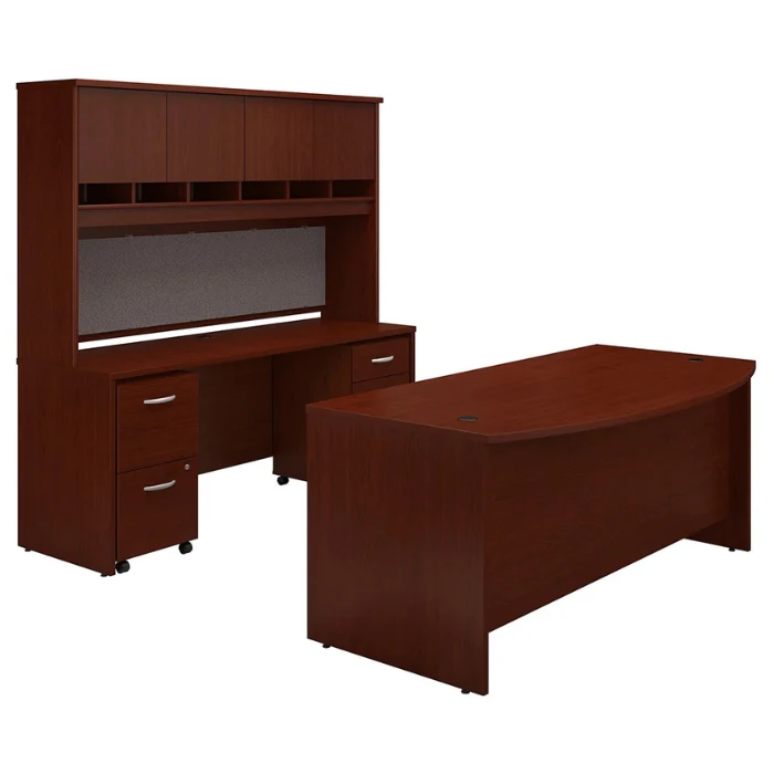 Elegant Back Wall Executive Desk with mahogany finish featuring spacious work surface and shelving