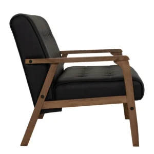 Side profile of Carter Sofa, sculpted wooden arms and tufted cushion offering supportive comfort.