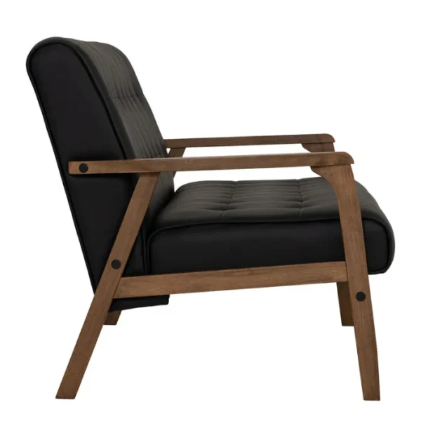 CARTER-SOFA Side profile of Carter Sofa, sculpted wooden arms and tufted cushion offering supportive comfort.