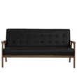 Carter Sofa front view, three-seater black upholstery with button tufting and minimalist wooden frame.