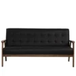Carter Sofa front view, three-seater black upholstery with button tufting and minimalist wooden frame.