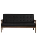 Carter Sofa front view, three-seater black upholstery with button tufting and minimalist wooden frame.
