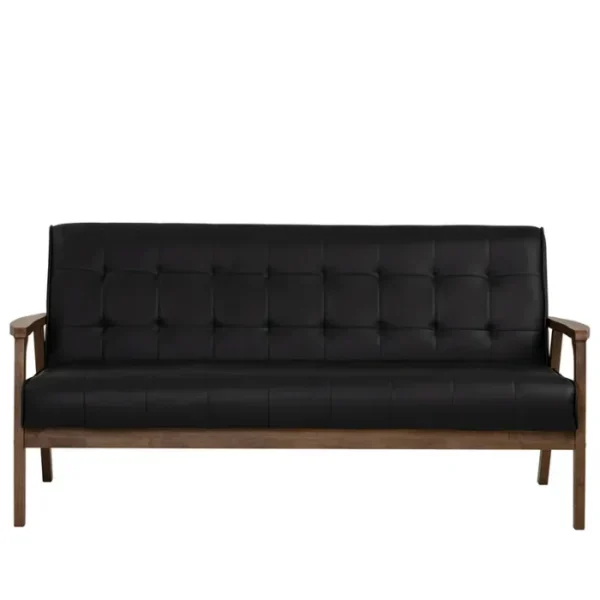 CARTER-SOFA-6-600x600 Carter Sofa front view, three-seater black upholstery with button tufting and minimalist wooden frame.