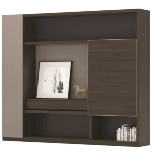 Carter Back Wall Cabinet with sliding door, open shelves, drawers, wood finish for executive offices