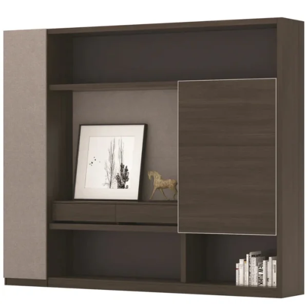 Carter Back Wall Cabinet with sliding door, open shelves, drawers, wood finish for executive offices