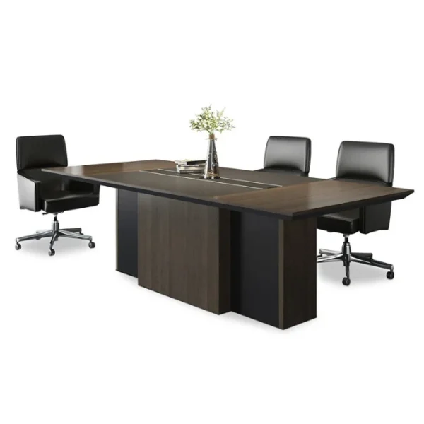Carter Boardroom Table (2) Carter Boardroom Table with wide rectangular top, pedestal base, central cable channel, black chairs.