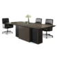 Carter Boardroom Table with wide rectangular top, pedestal base, central cable channel, black chairs.