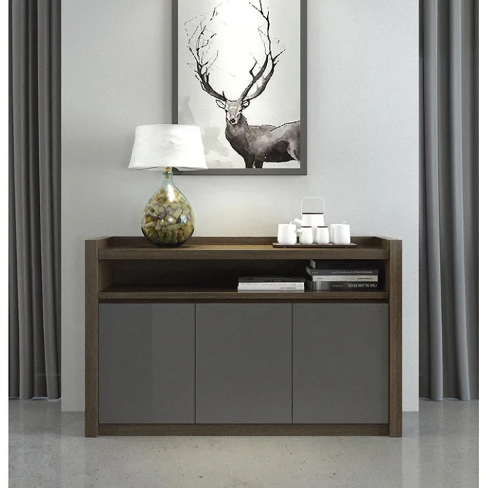 Carter Credenza with raised ledge, open shelf, and matte triple-door storage in office setting.