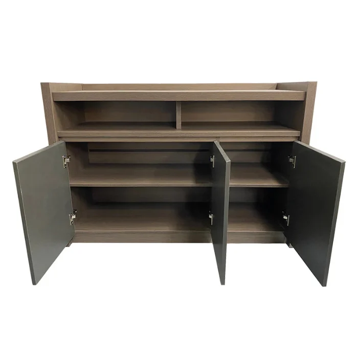 Carter Credenza interior view showing adjustable shelves, cable-friendly grommets, and triple-door storage compartments