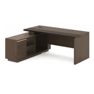 Carter Executive Office Desk — left return L-shaped wooden desk with spacious work surface, built-in drawers, open shelving, and modern minimalist design.