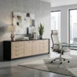 Velora Credenza with multiple drawers and cabinets in wood and black finish.