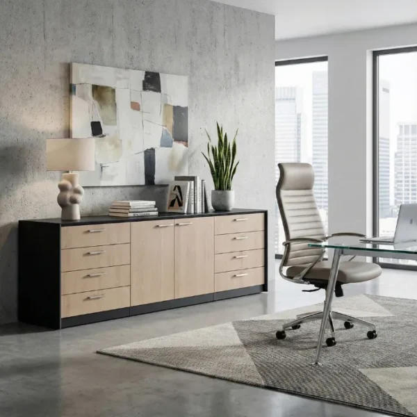 Velora Credenza with multiple drawers and cabinets in wood and black finish.