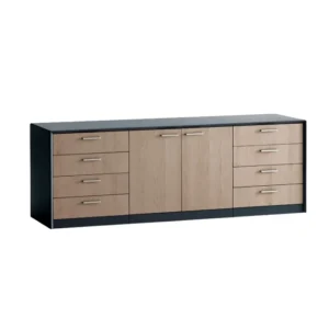 Velora Credenza with multiple drawers and cabinets in wood and black finish.