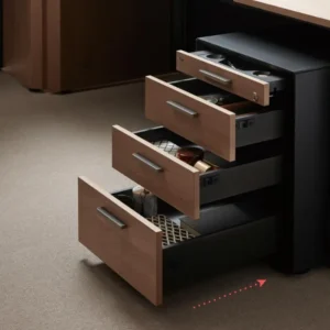 Velora Credenza Details 4 Drawer unit open with three drawers extended, showing storage space inside.